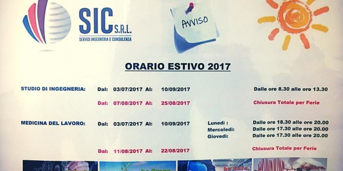 Orario Estivo e Chiusura 2017